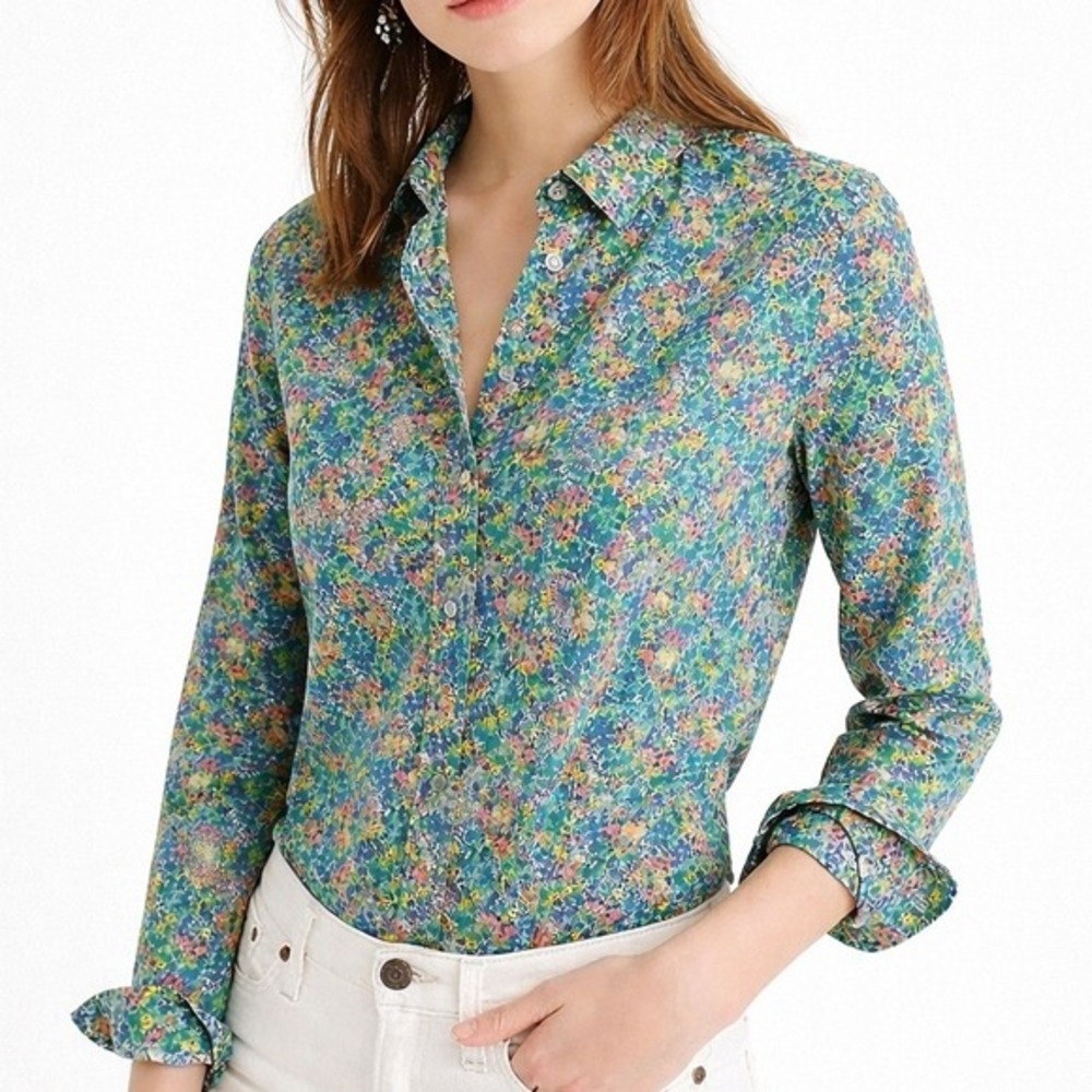 J.Crew Liberty London Floral Button Up Shirt Women 2 Cotton Green Spring Summer